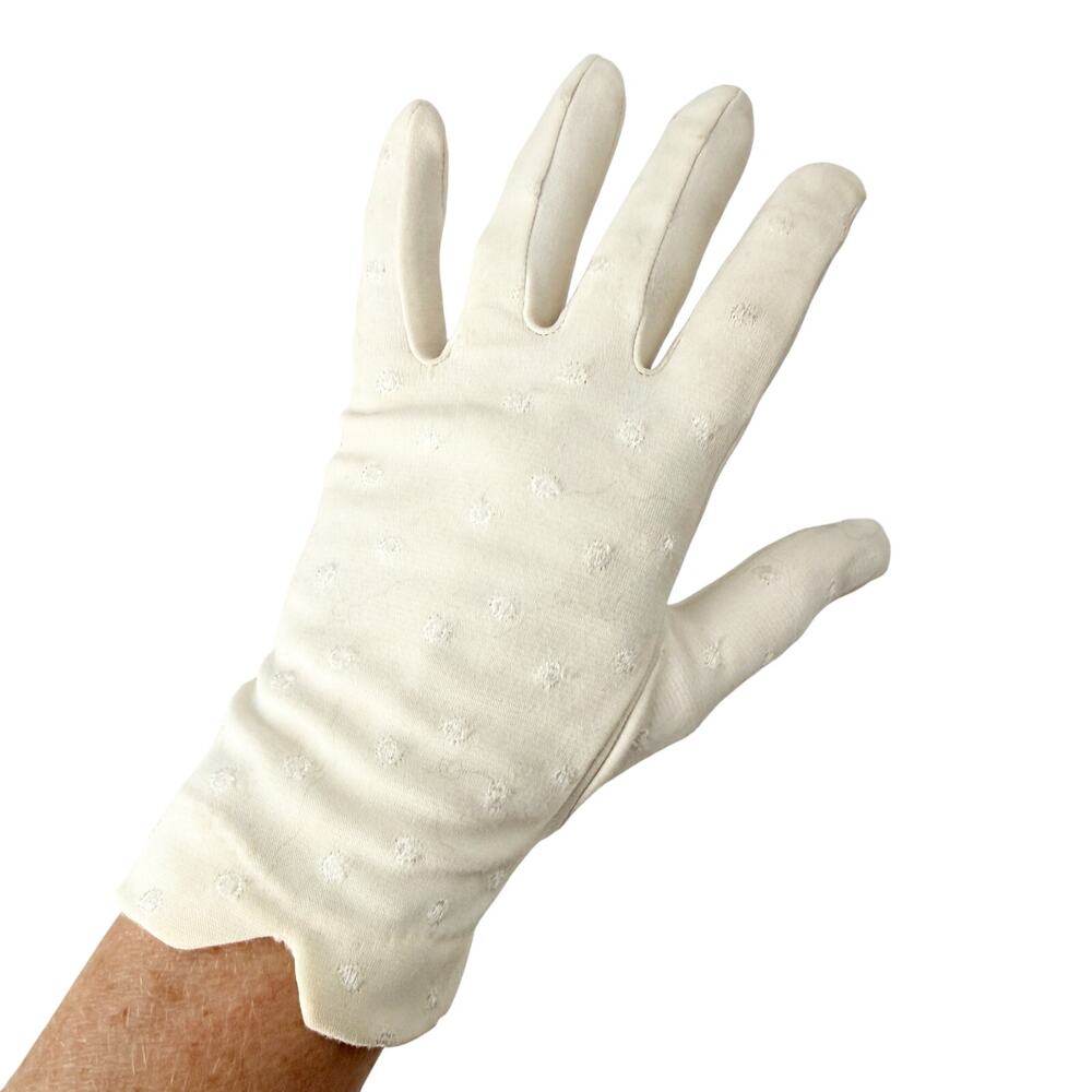 vintage white Fashion Dress wrist Gloves women's SMALL embroidered polka dots